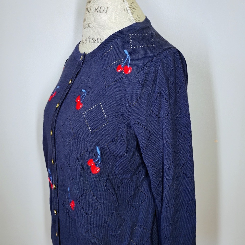 Charter Club Cherry Embroidered Cardigan Sweater Navy Blue Womens Large Twee - Picture 4 of 11